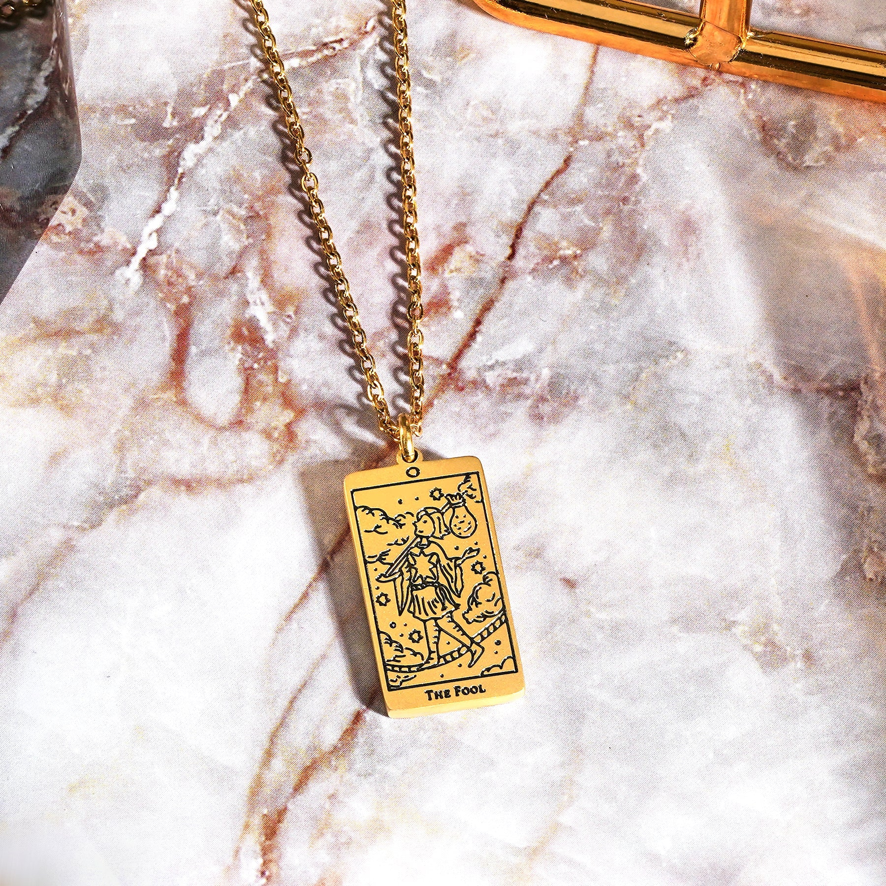 JeenMata Tarot Necklace - The Fool - Customized Tarot Pendant Jewelry for Unisex in Yellow Gold Plated