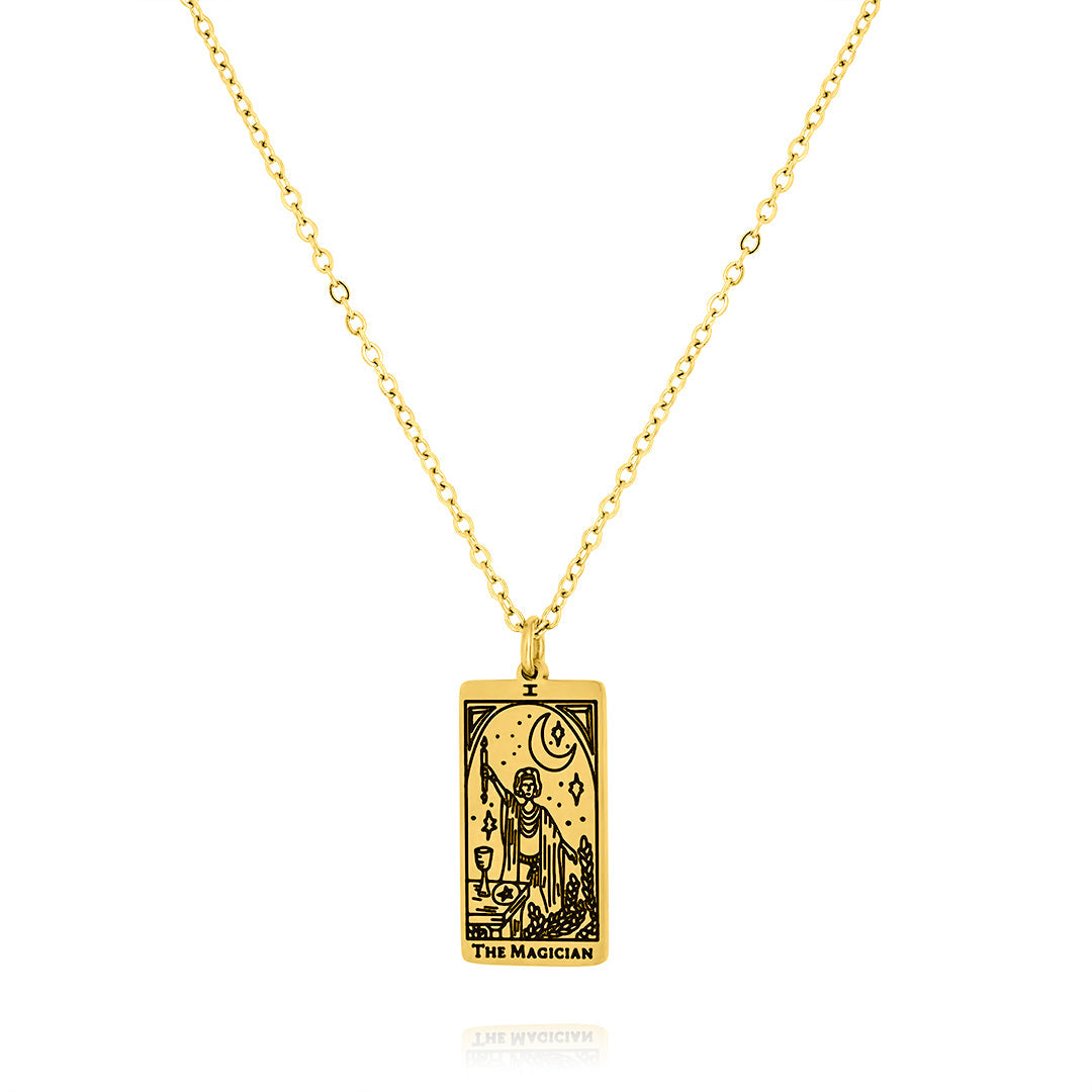 JeenMata Tarot Necklace - The Magician - Customized Tarot Pendant Jewelry for Unisex in Yellow Gold Plated
