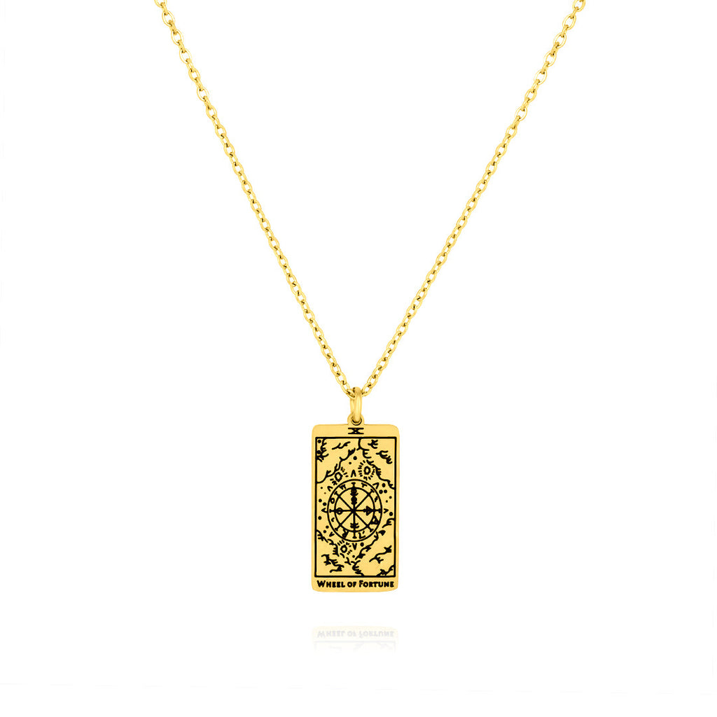 JeenMata Tarot Necklace - Wheel of Fortune - Customized Tarot Pendant Jewelry for Unisex in Yellow Gold Plated