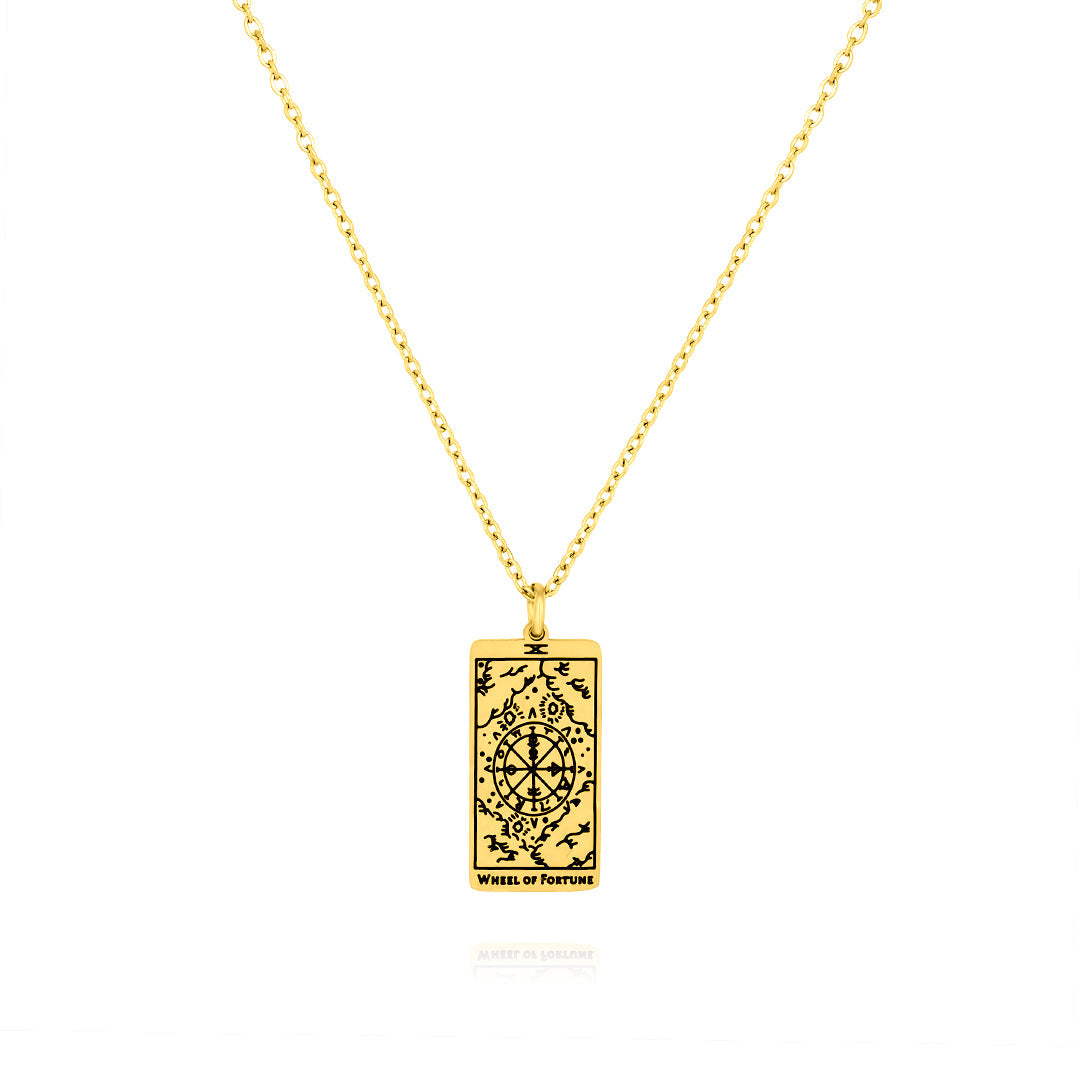JeenMata Tarot Necklace - Wheel of Fortune - Customized Tarot Pendant Jewelry for Unisex in Yellow Gold Plated