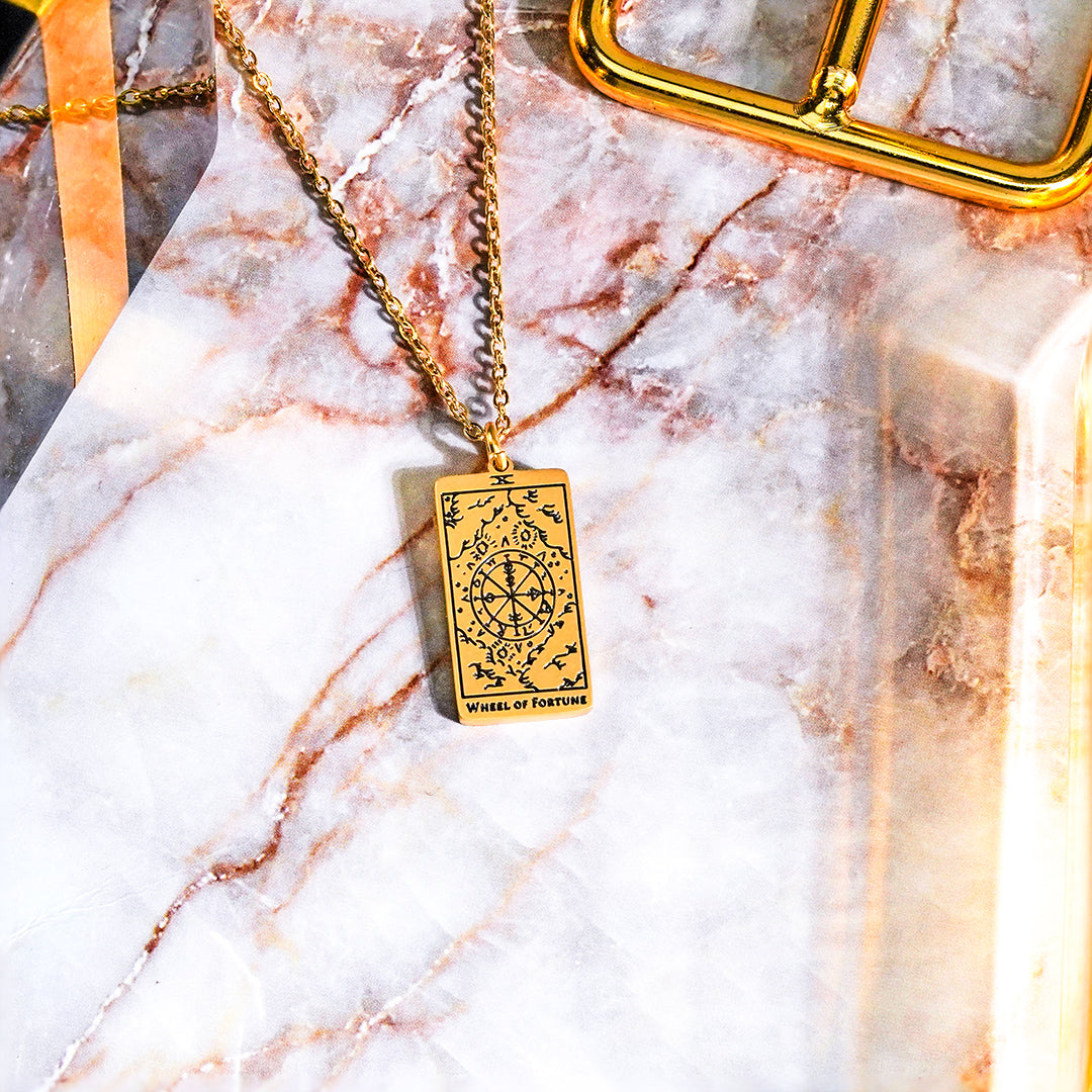 JeenMata Tarot Necklace - Wheel of Fortune - Customized Tarot Pendant Jewelry for Unisex in Yellow Gold Plated