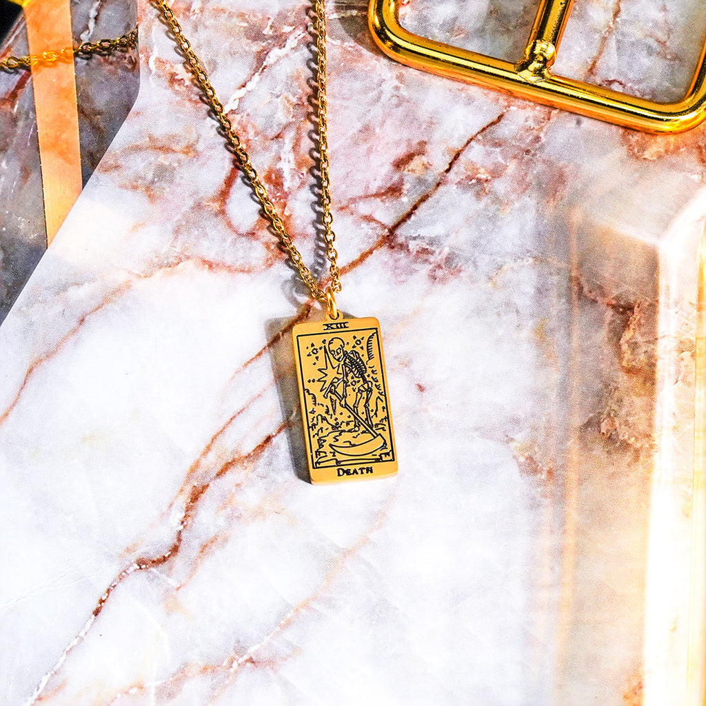 JeenMata Tarot Necklace - Death - Customized Tarot Pendant Jewelry for Unisex in Yellow Gold Plated