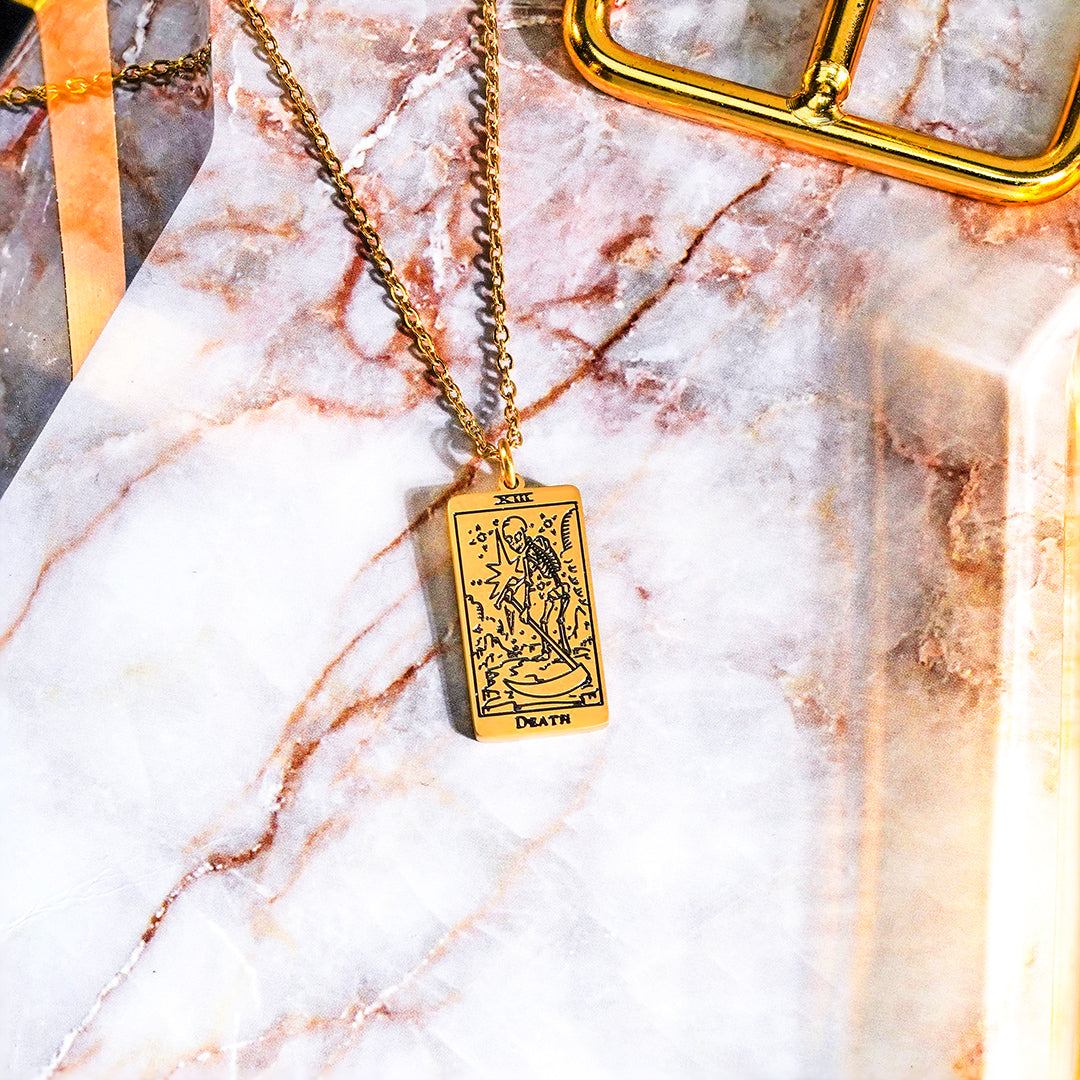 JeenMata Tarot Necklace - Death - Customized Tarot Pendant Jewelry for Unisex in Yellow Gold Plated