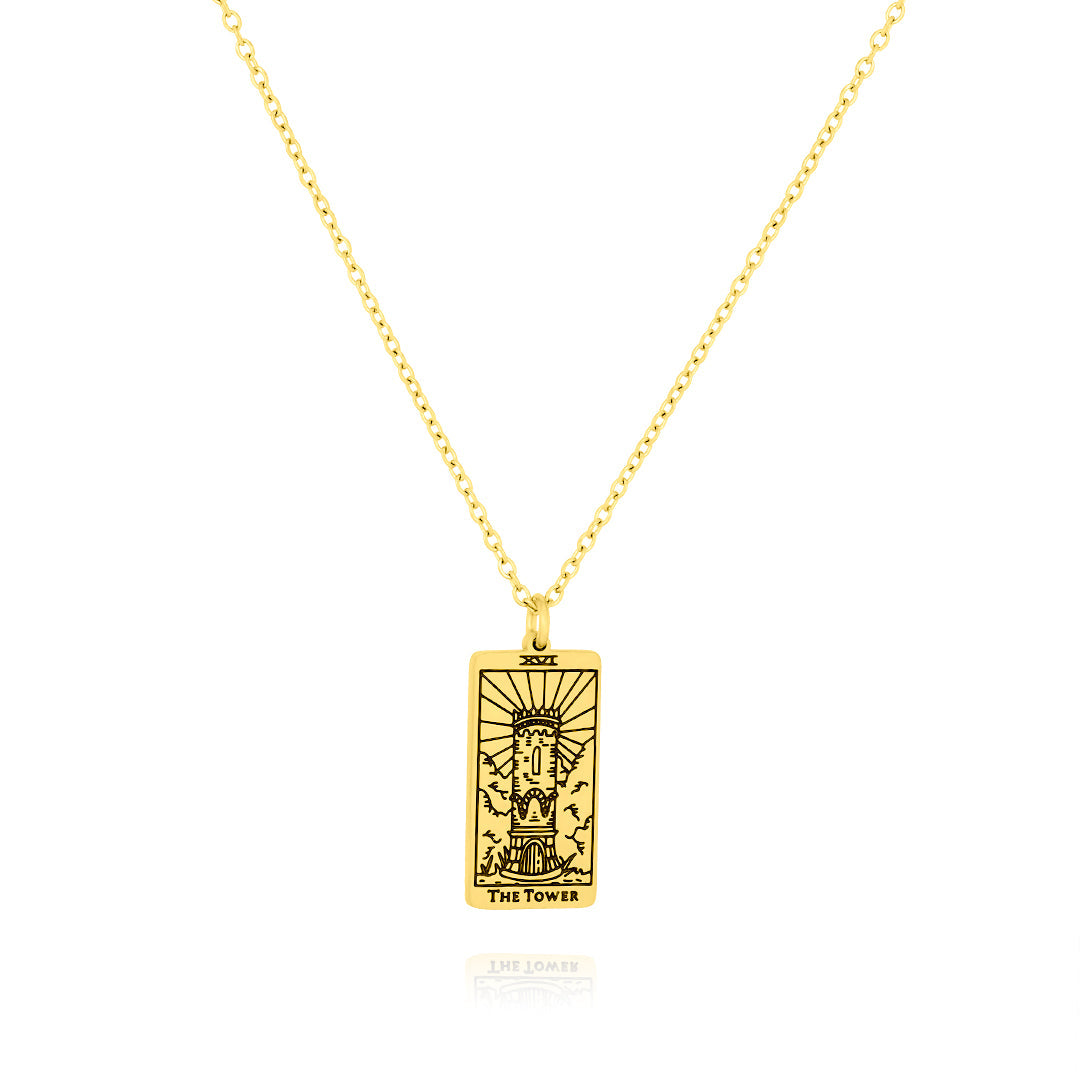 JeenMata Tarot Nceklace - The Tower - Customized Tarot Pendant Jewelry for Unisex in Yellow Gold Plated