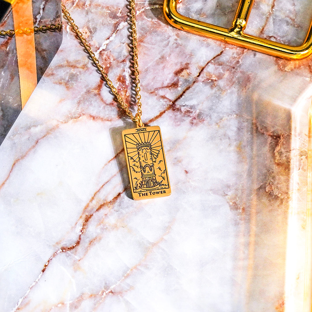 JeenMata Tarot Nceklace - The Tower - Customized Tarot Pendant Jewelry for Unisex in Yellow Gold Plated