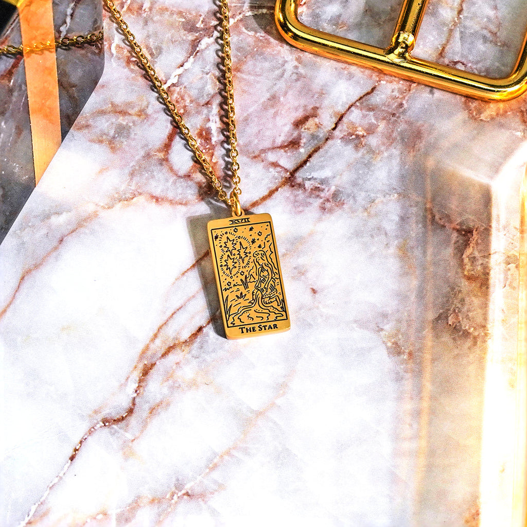 JeenMata Tarot Necklace - The Star - Customized Tarot Pendant Jewelry for Unisex in Yellow Gold Plated