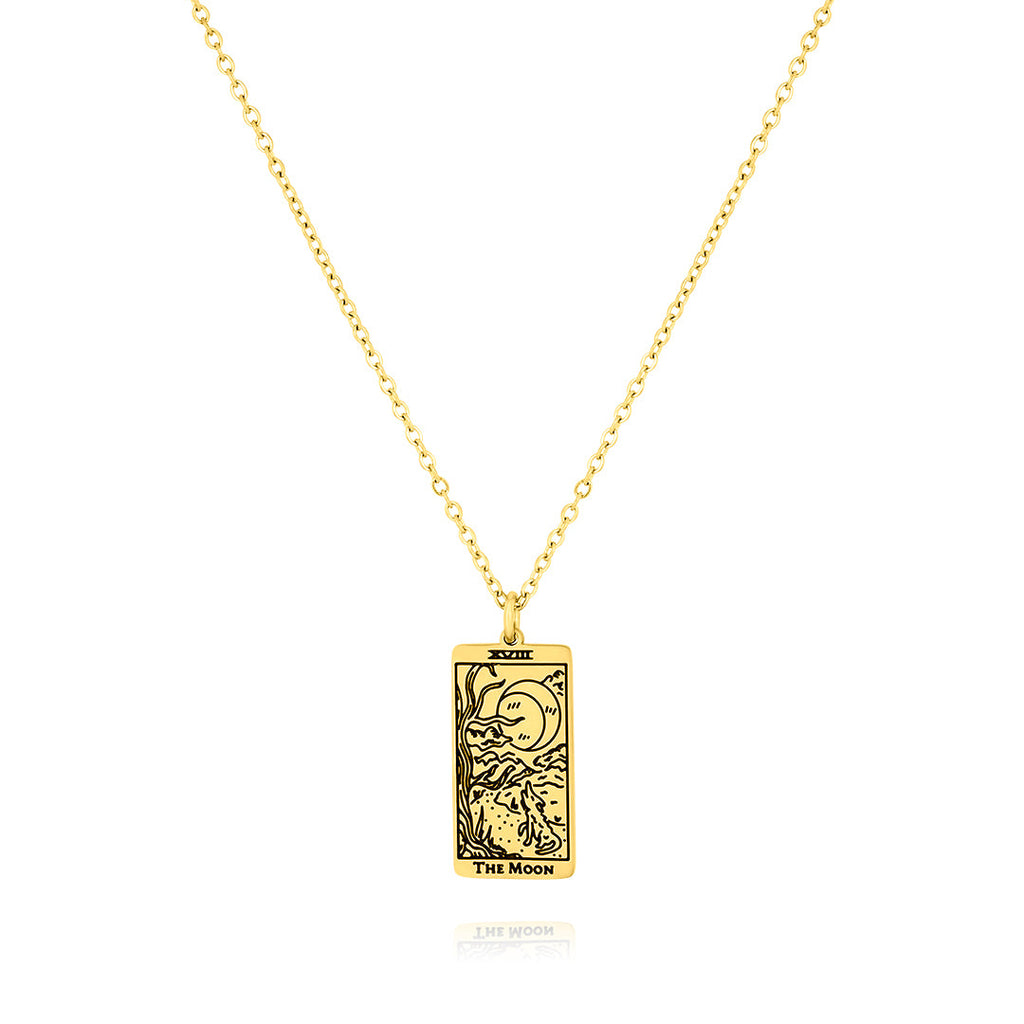 JeenMata Tarot Necklace - The Moon - Customized Tarot Pendant Jewelry for Unisex in Yellow Gold Plated