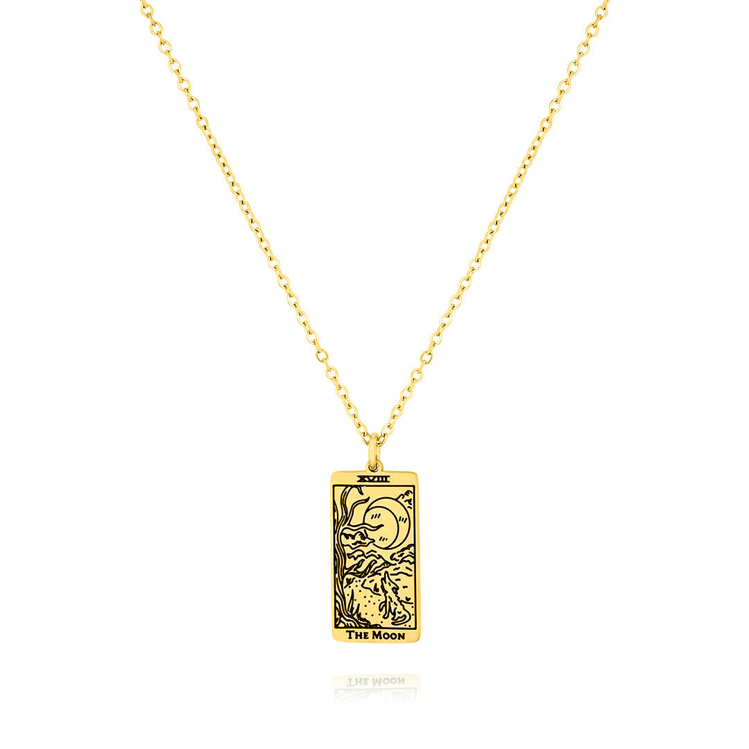 JeenMata Tarot Necklace - The Moon - Customized Tarot Pendant Jewelry for Unisex in Yellow Gold Plated