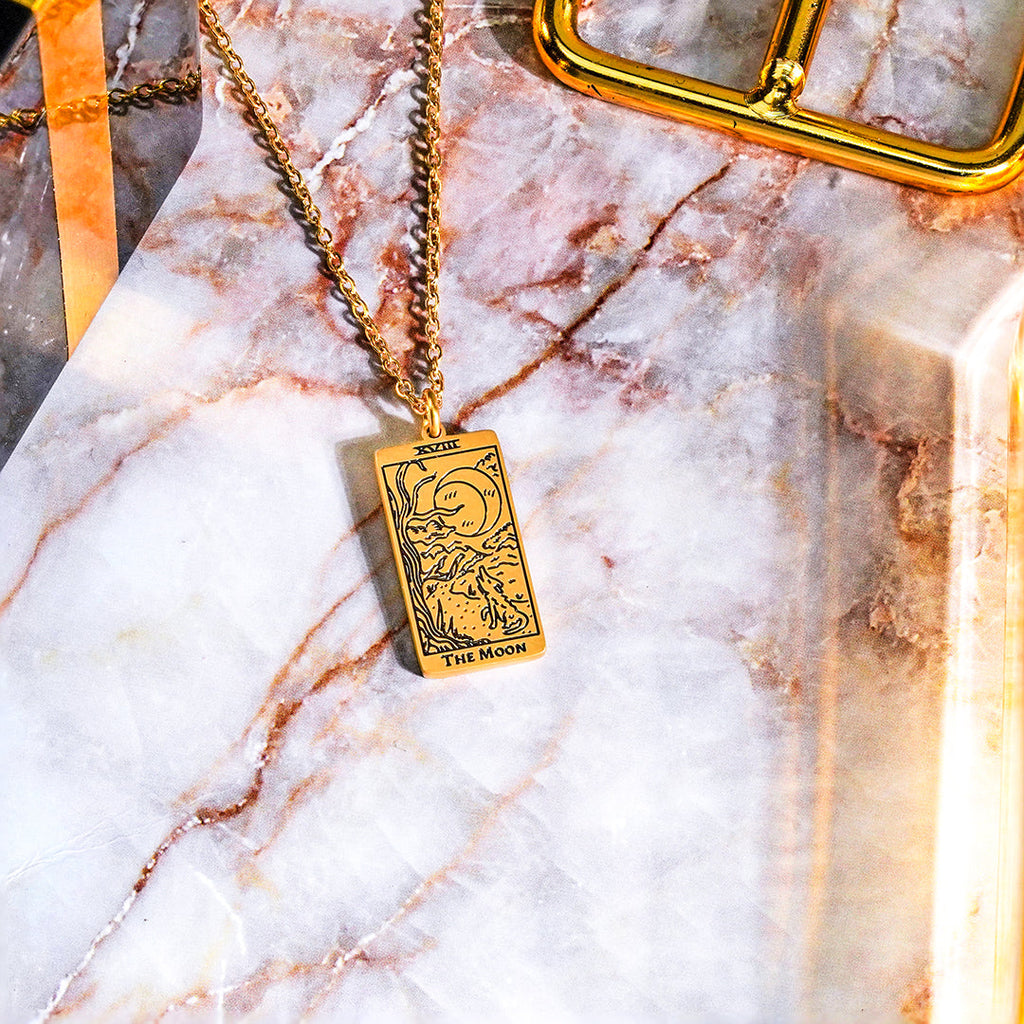 JeenMata Tarot Necklace - The Moon - Customized Tarot Pendant Jewelry for Unisex in Yellow Gold Plated
