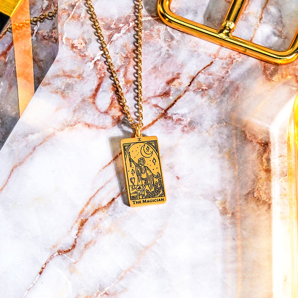 JeenMata Tarot Necklace - The Magician - Customized Tarot Pendant Jewelry for Unisex in Yellow Gold Plated
