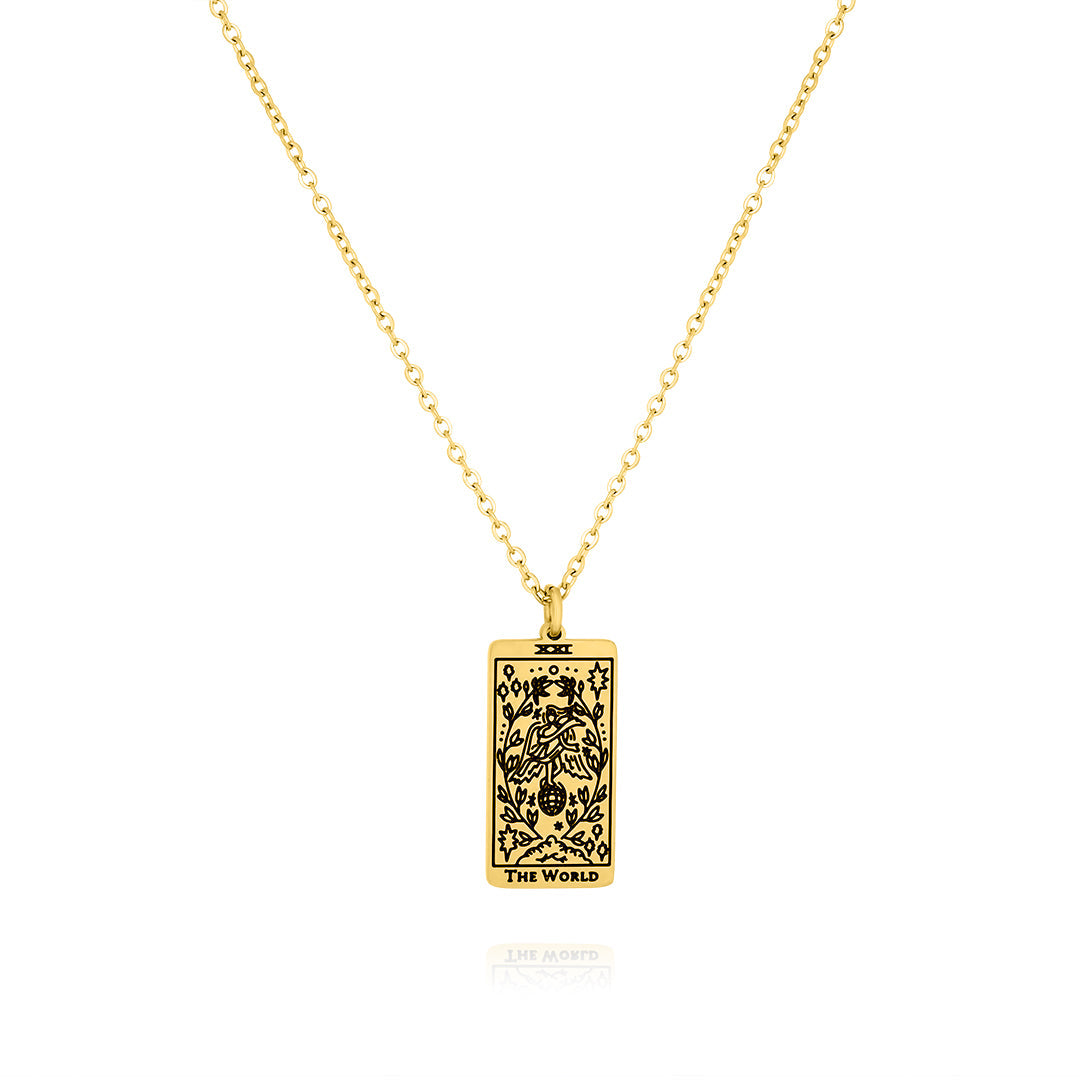 JeenMata Tarot Necklace - The World - Customized Tarot Pendant Jewelry for Unisex in Yellow Gold Plated