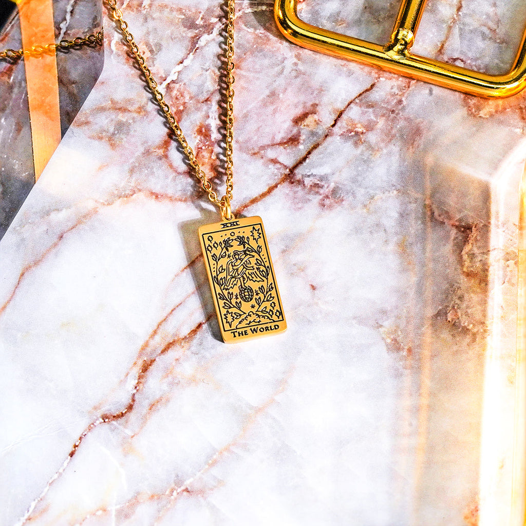 JeenMata Tarot Necklace - The World - Customized Tarot Pendant Jewelry for Unisex in Yellow Gold Plated