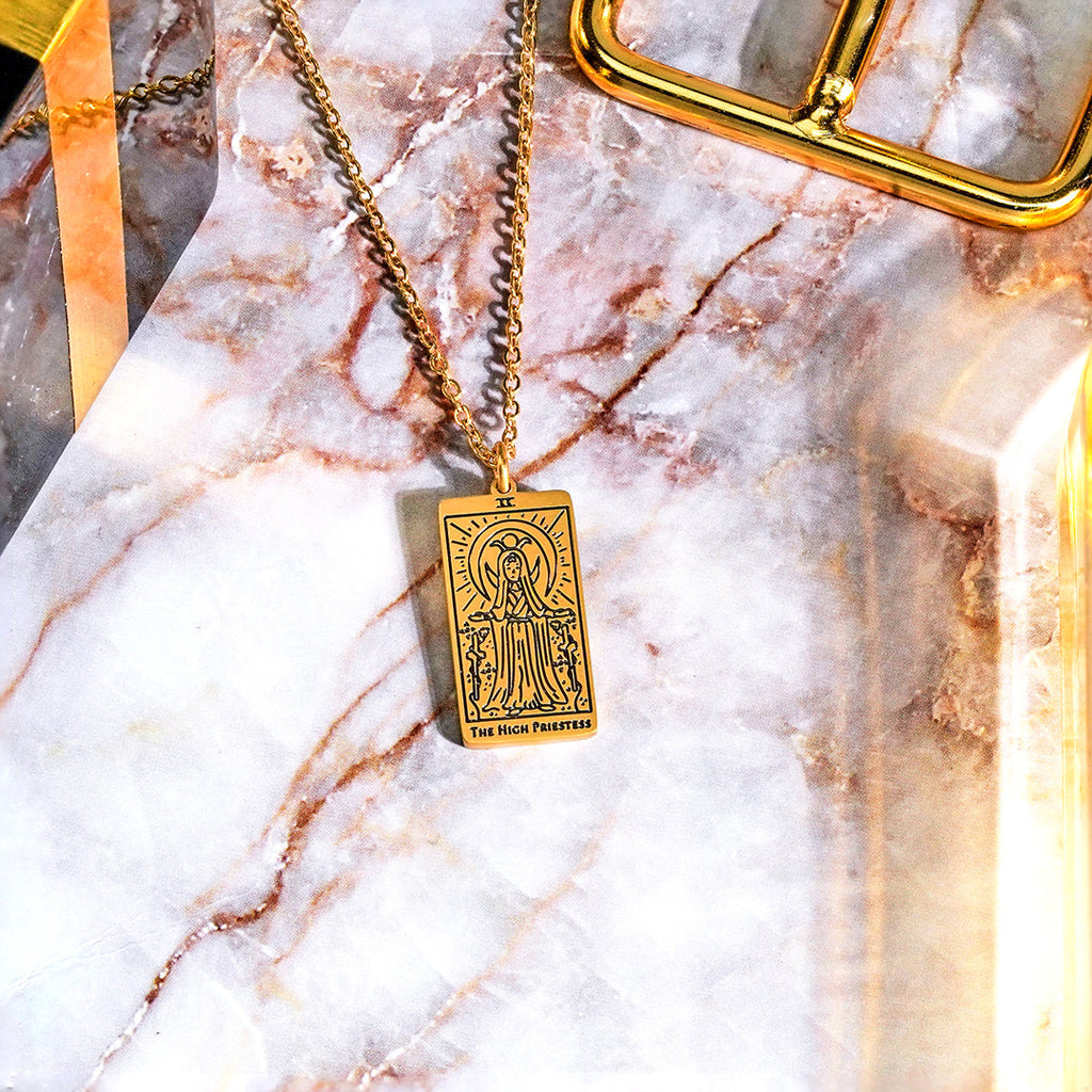 JeenMata Tarot Necklace - The High Priestess - Customized Tarot Pendant Jewelry for Unisex in Yellow Gold Plated
