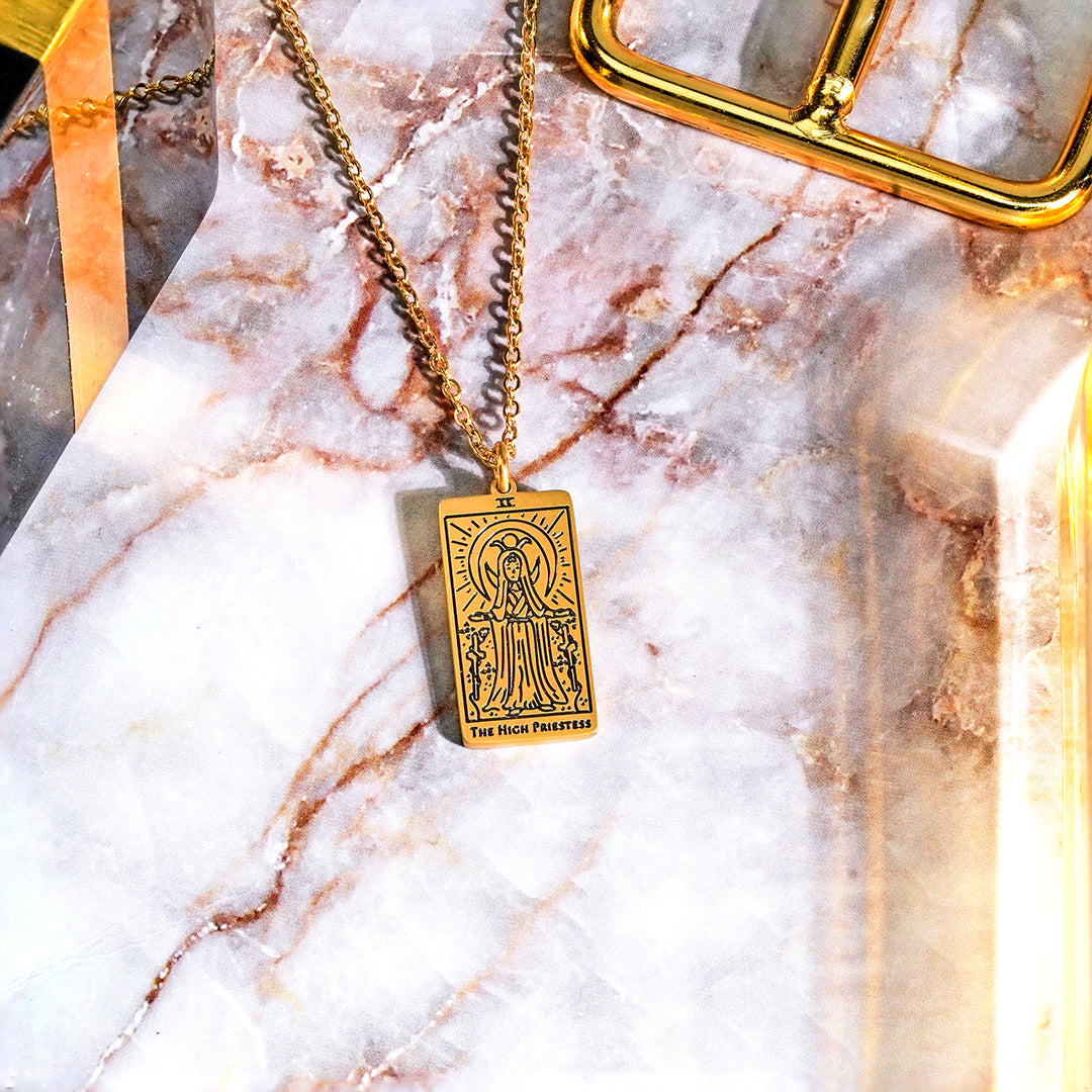 JeenMata Tarot Necklace - The High Priestess - Customized Tarot Pendant Jewelry for Unisex in Yellow Gold Plated