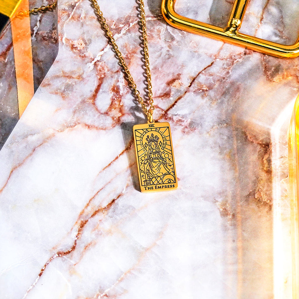 JeenMata Tarot Necklace - The Empress - Customized Tarot Pendant Jewelry for Unisex in Yellow Gold Plated