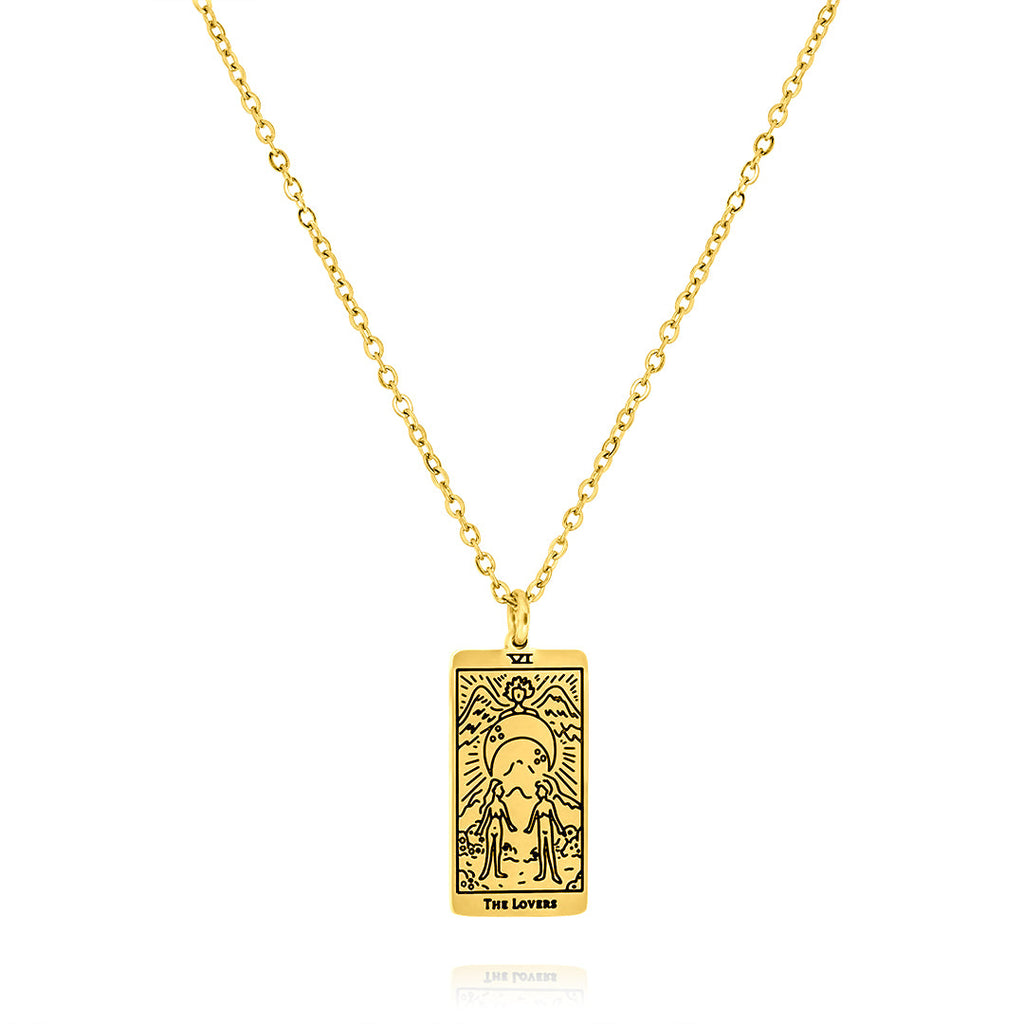 JeenMata Tarot Necklace - The Lovers - Customized Tarot Pendant Jewelry for Unisex in Yellow Gold Plated
