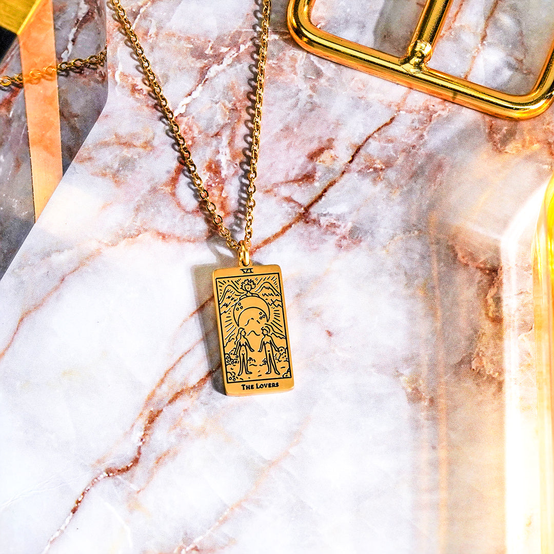 JeenMata Tarot Necklace - The Lovers - Customized Tarot Pendant Jewelry for Unisex in Yellow Gold Plated