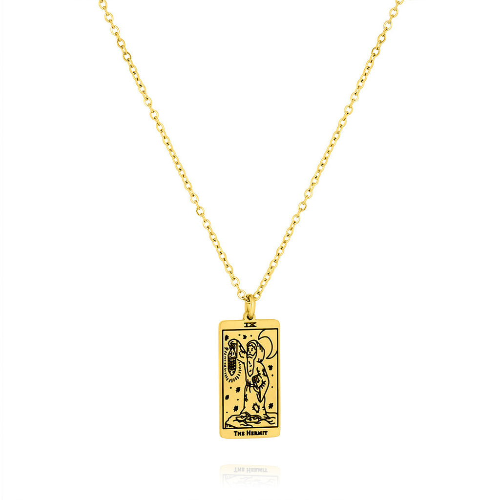 JeenMata Tarot Necklace - The Hermit - Customized Tarot Pendant Jewelry for Unisex in Yellow Gold Plated