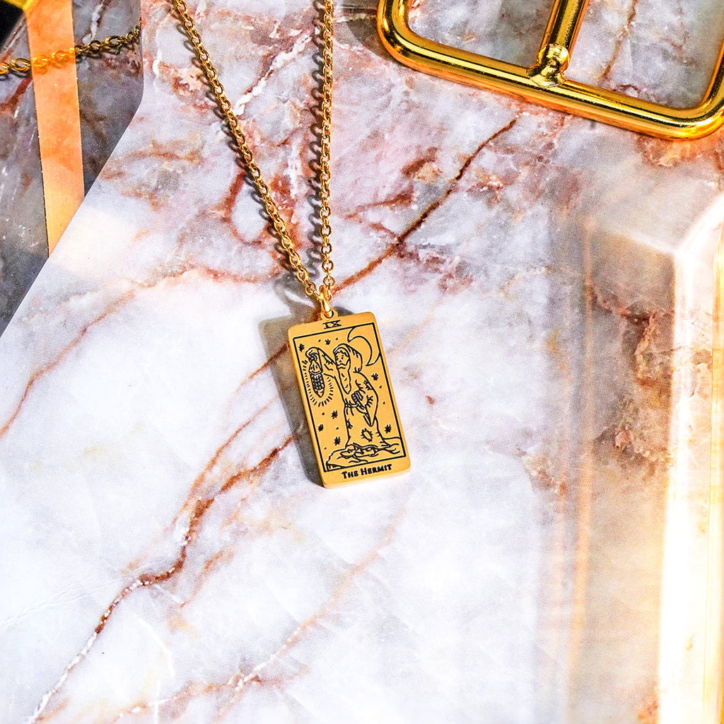 JeenMata Tarot Necklace - The Hermit - Customized Tarot Pendant Jewelry for Unisex in Yellow Gold Plated