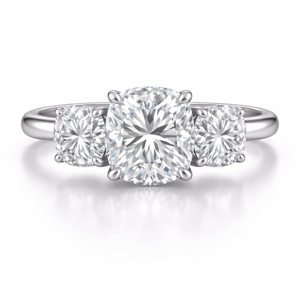 JeenMata 3 Carat Cushion Cut Three-Stone Moissanite Classic Engagement Ring in 18K White Gold Plating for Women