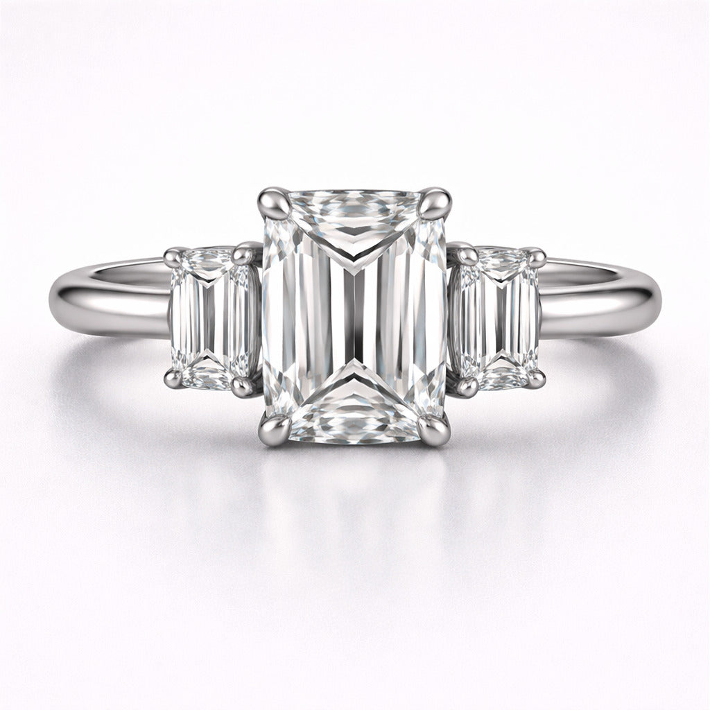 JeenMata 3.25 Carat Three Stone Emerald Cut Moissanite Engagement Ring - Elegant Statement Ring in 18K White Gold Plating for Women