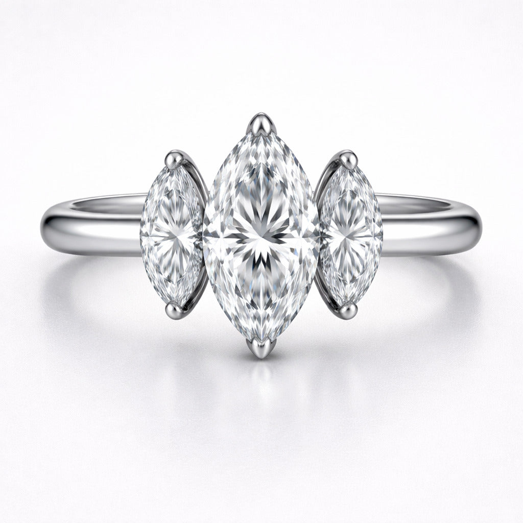 JeenMata 3 Carat Marquise Cut Three-Stone Moissanite Elegant Engagement Ring in 18K White Gold Plating for Women