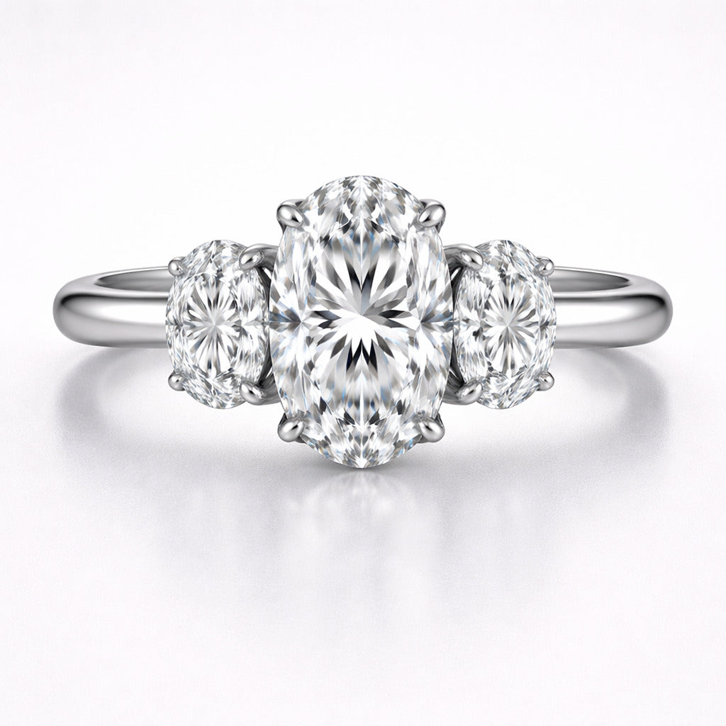 JeenMata 3 Carat Three Stone Oval Cut Moissanite Engagement Ring, Elegant Elongated Ring in 18K White Gold Plating for Women