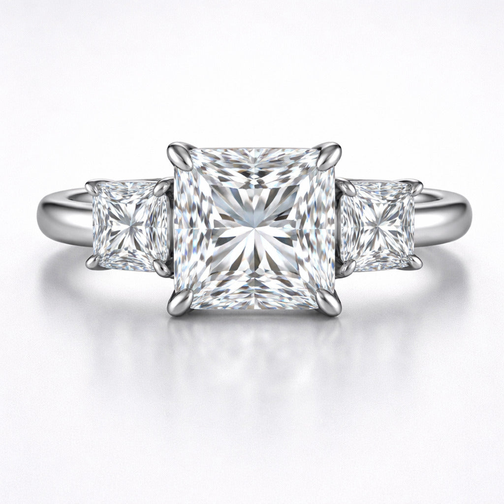 JeenMata 3.5 Carat Three Stone Princess Cut Moissanite Engagement Ring - Classic Statement Ring in 18K White Gold Plating for Women