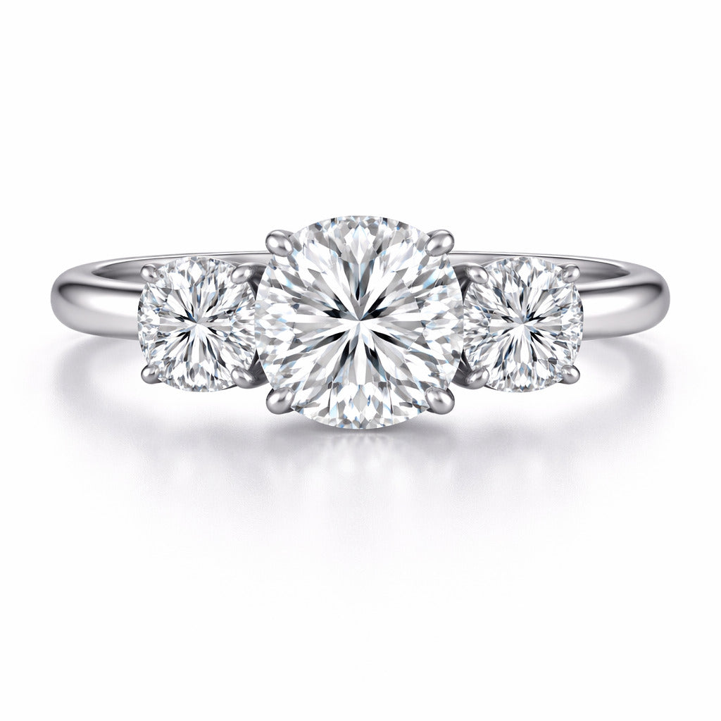 JeenMata 3 Carat Three Stone Round Cut Moissanite Engagement Ring, Classic Brilliance Ring in 18K White Gold Plating for Women