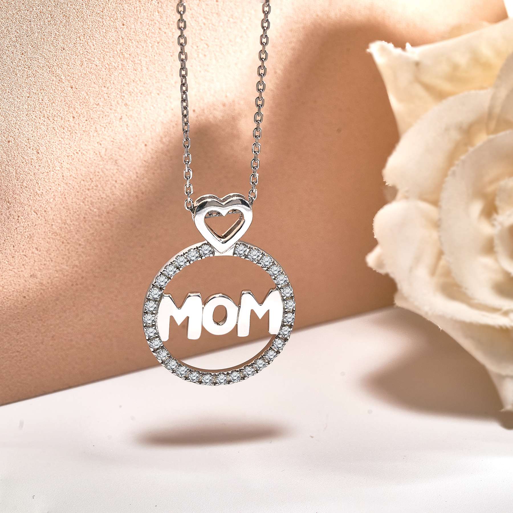 JeenMata Round Frame Mom Moissanite Pendant Necklace in 18K White Gold over Silver