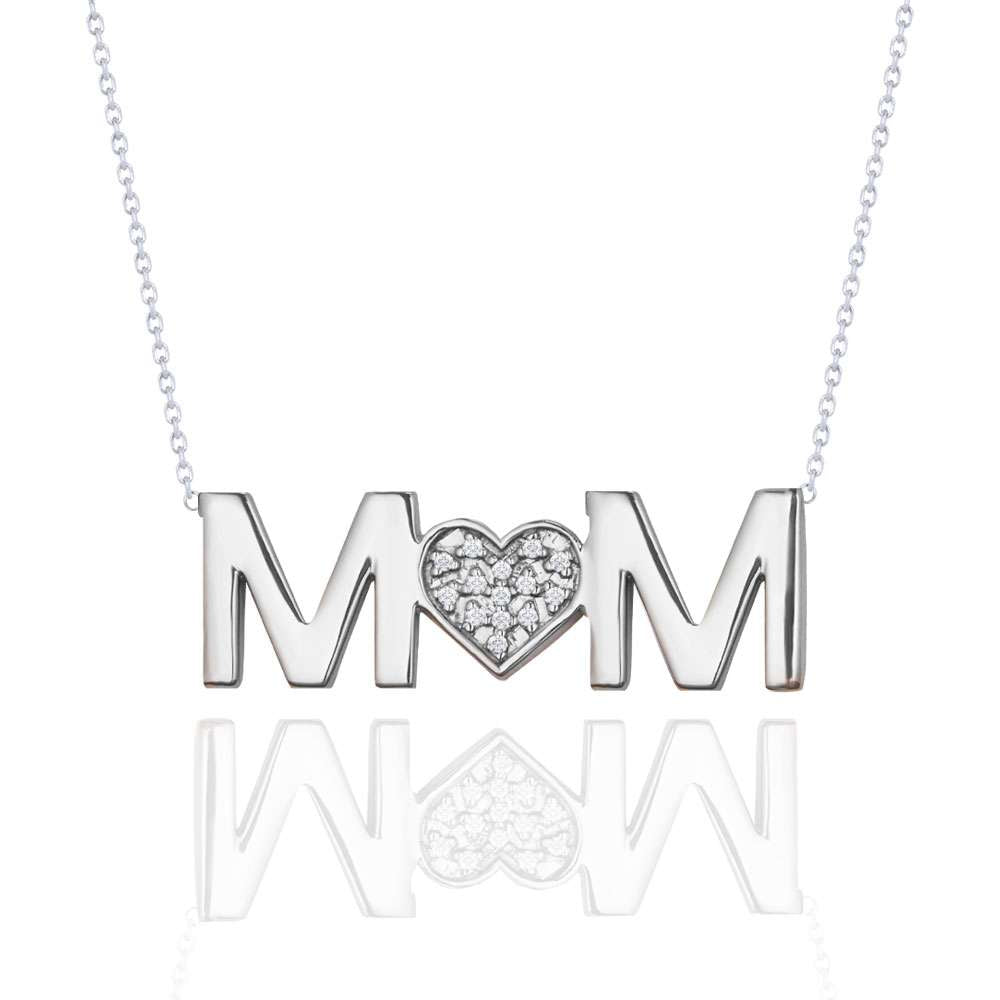 JeenMata MOM Pendant Necklace - Diamond - April Birthstone in 18K White Gold over Silver