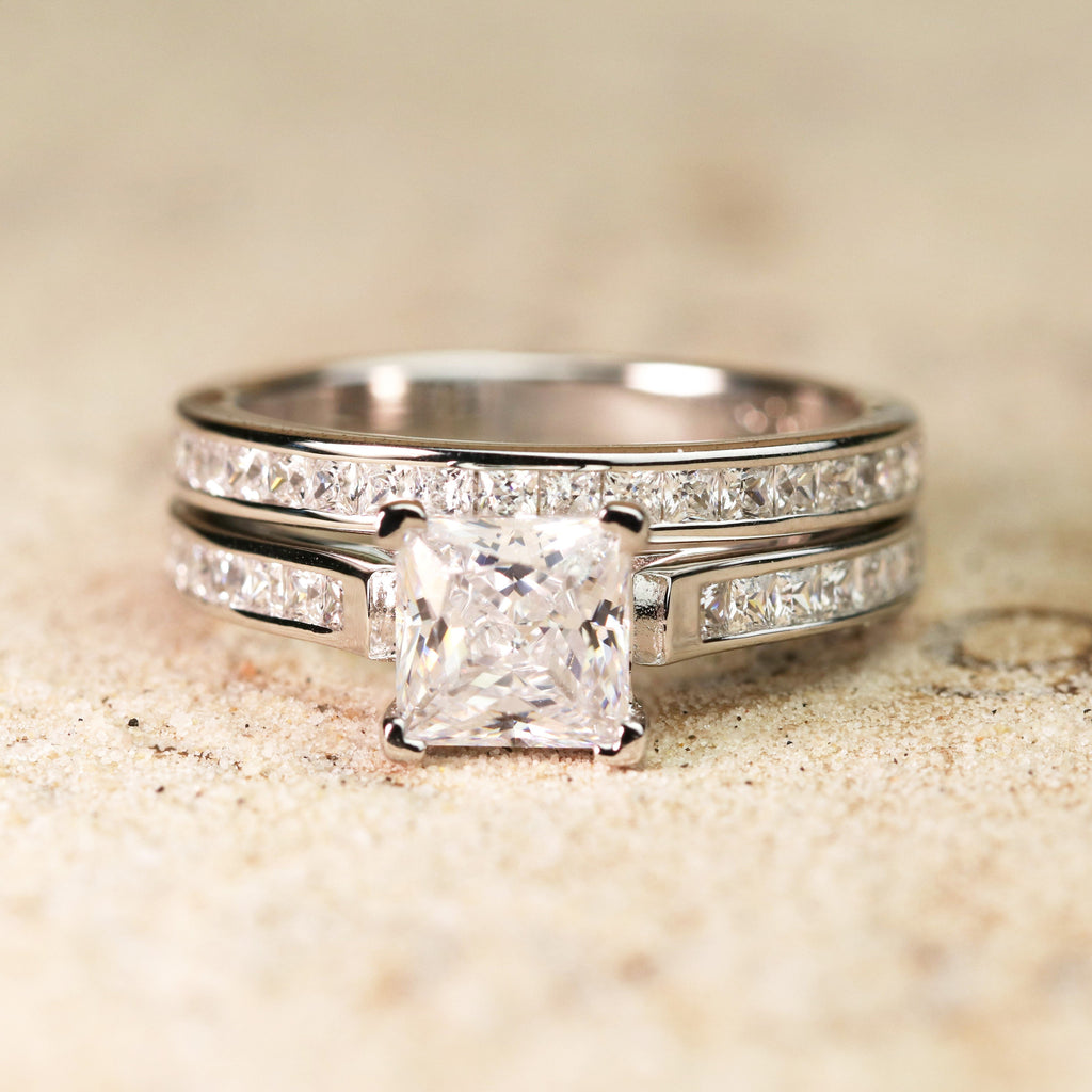 JeenMata 1 Carat Princess Cut Moissanite Wedding Set - Bridal Set - Engagement Ring - Channel Set Ring - Cluster Ring - 18k White Gold Plated for Women