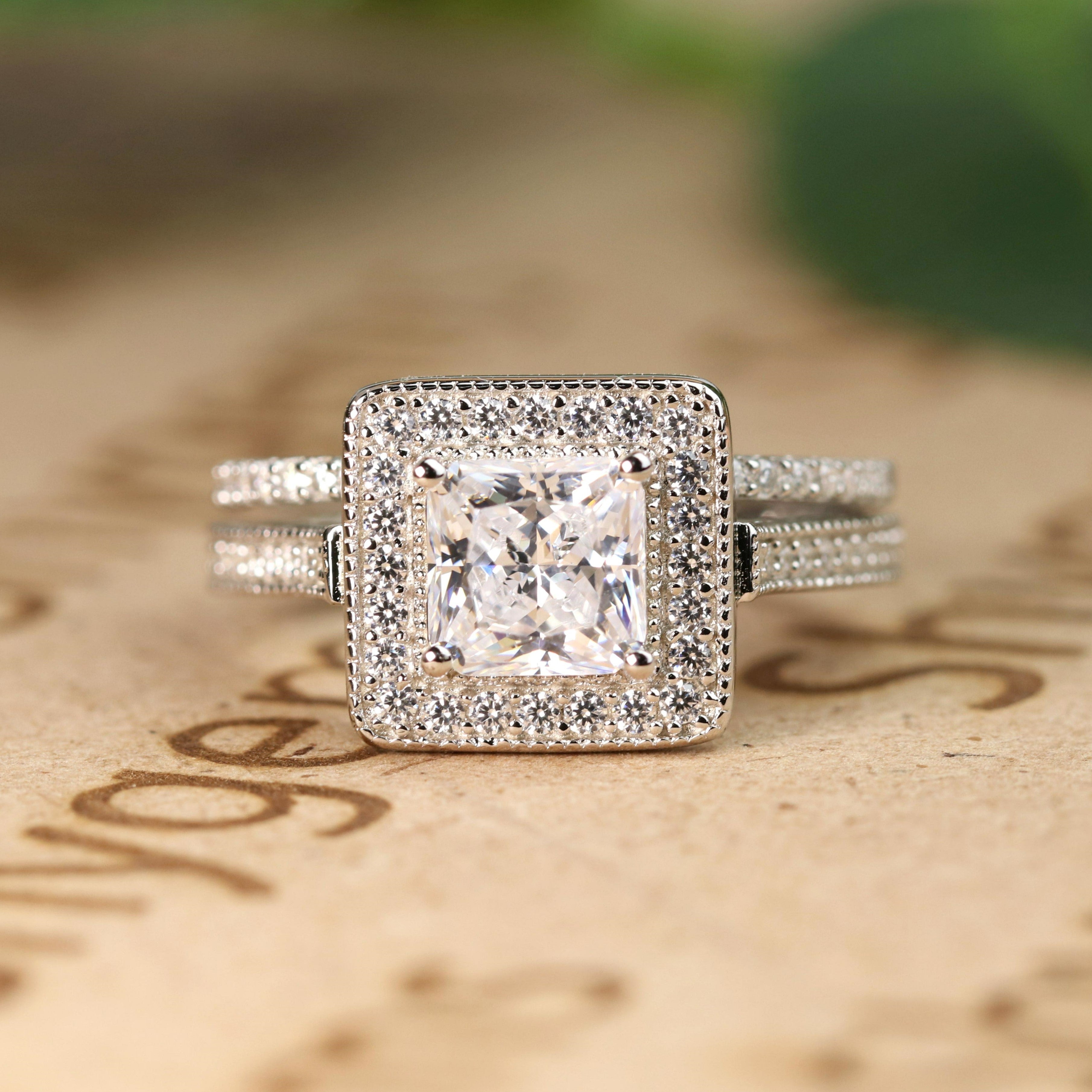 Vintage 1 Carat Princess Cut Moissanite Milgrain Bridal Set