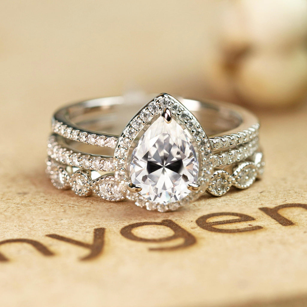 Pave 2 Carat Pear Cut Moissanite Halo Trio Set