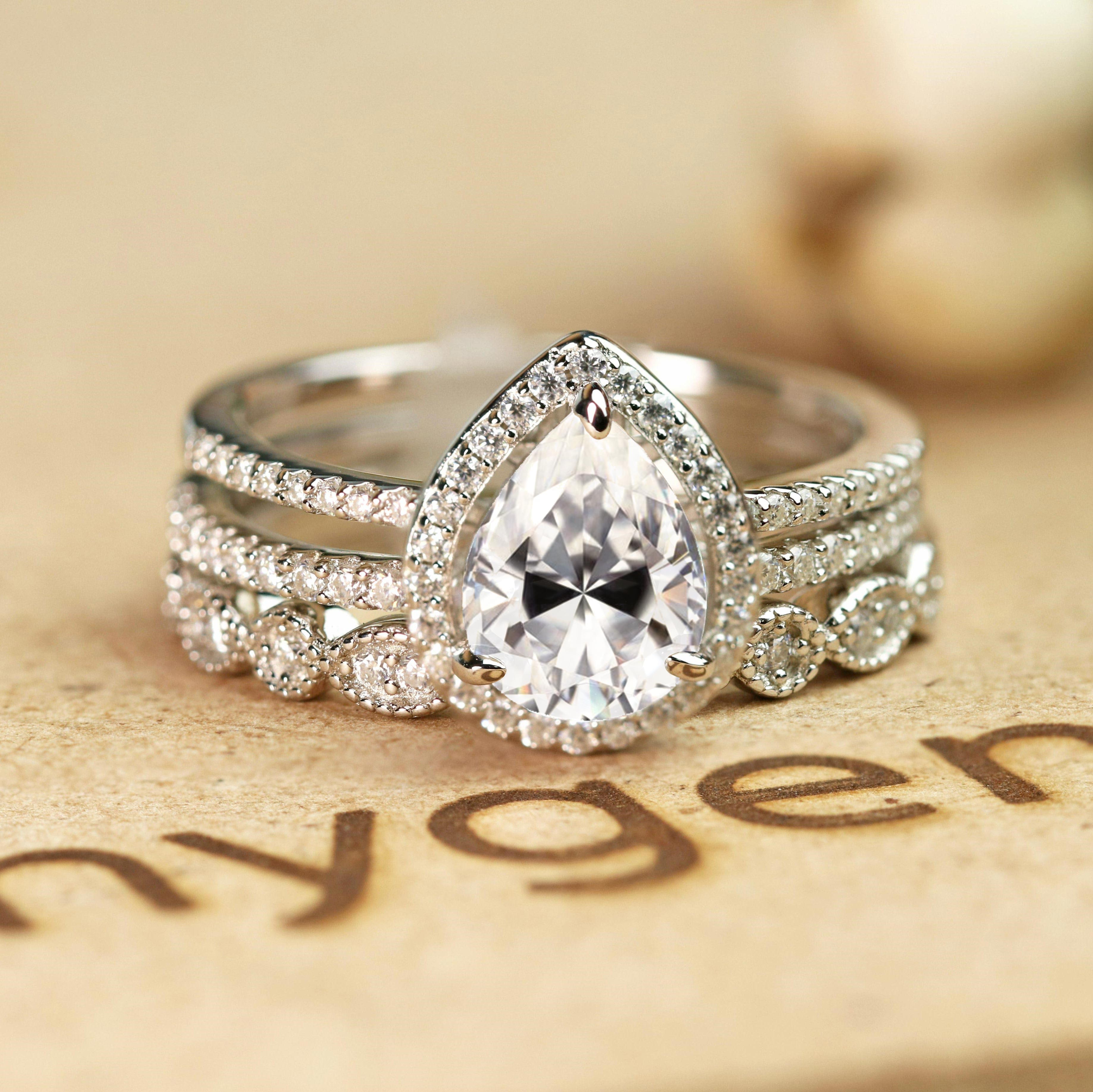 Pave 2 Carat Pear Cut Moissanite Halo Trio Set