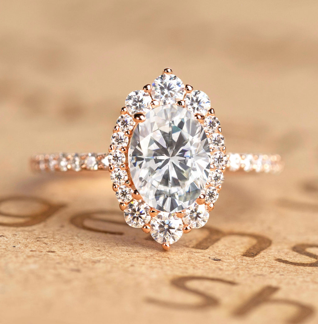 Pave 1.50 Carat Oval Moissanite Halo Engagement Ring