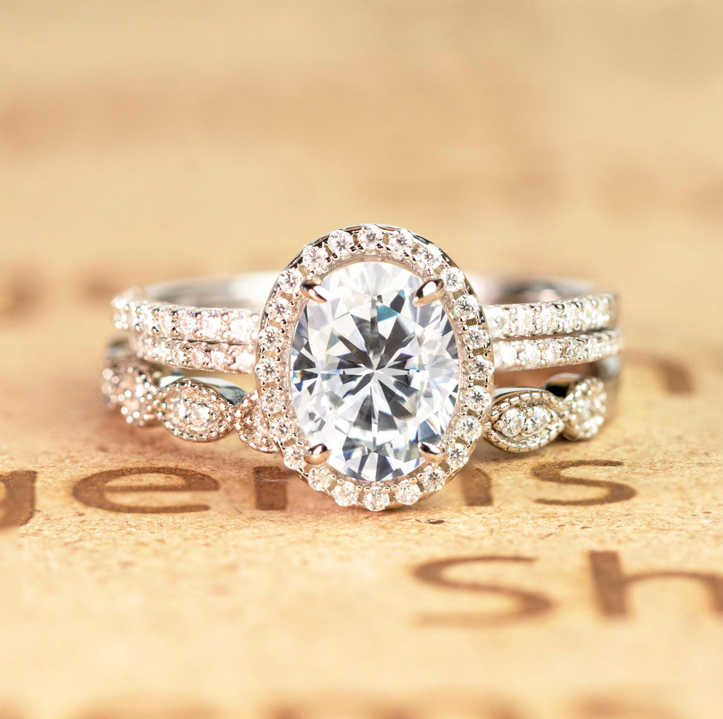 Art Deco 2 Carat Oval cut Real Moissanite Wedding Trio Ring Set with Engagement Ring and 2 Wedding Bands in 18k Gold Over Silver