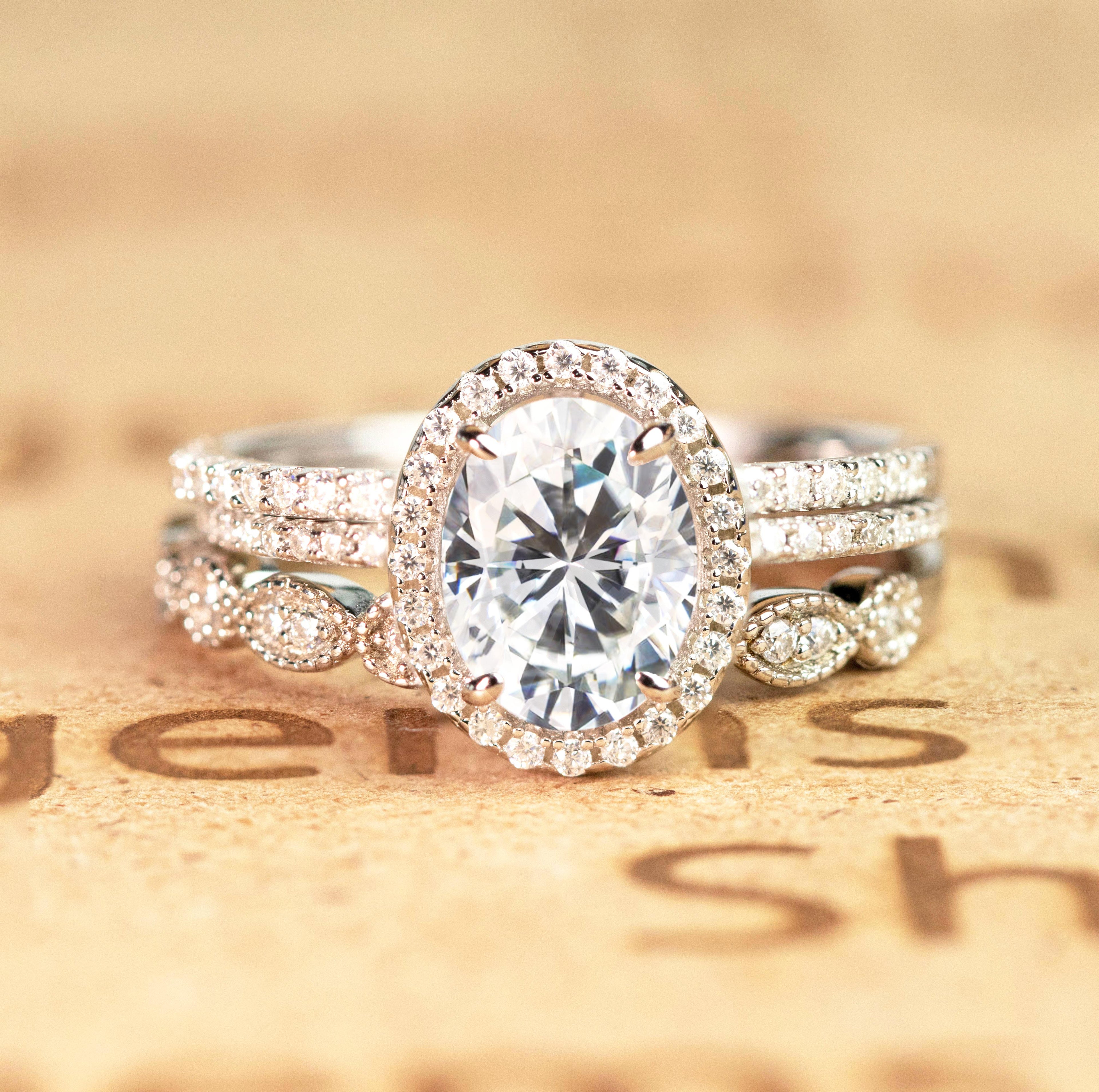 Art Deco 2 Carat Oval cut Real Moissanite Wedding Trio Ring Set with Engagement Ring and 2 Wedding Bands in 18k Gold Over Silver