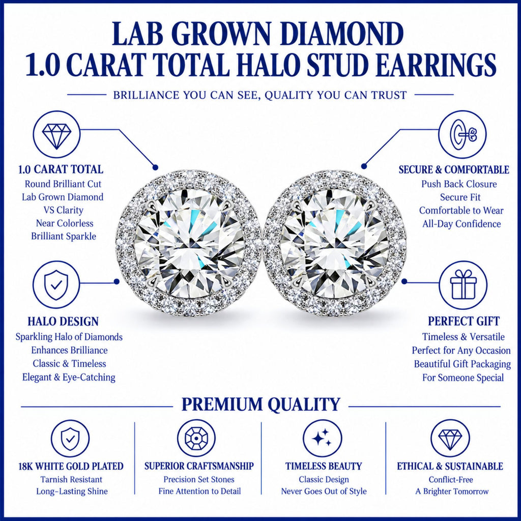 JeenMata Lab Grown Diamond 1 Carat Round Brilliant Cut Halo Stud Earrings in 18K White Gold Plating for Women