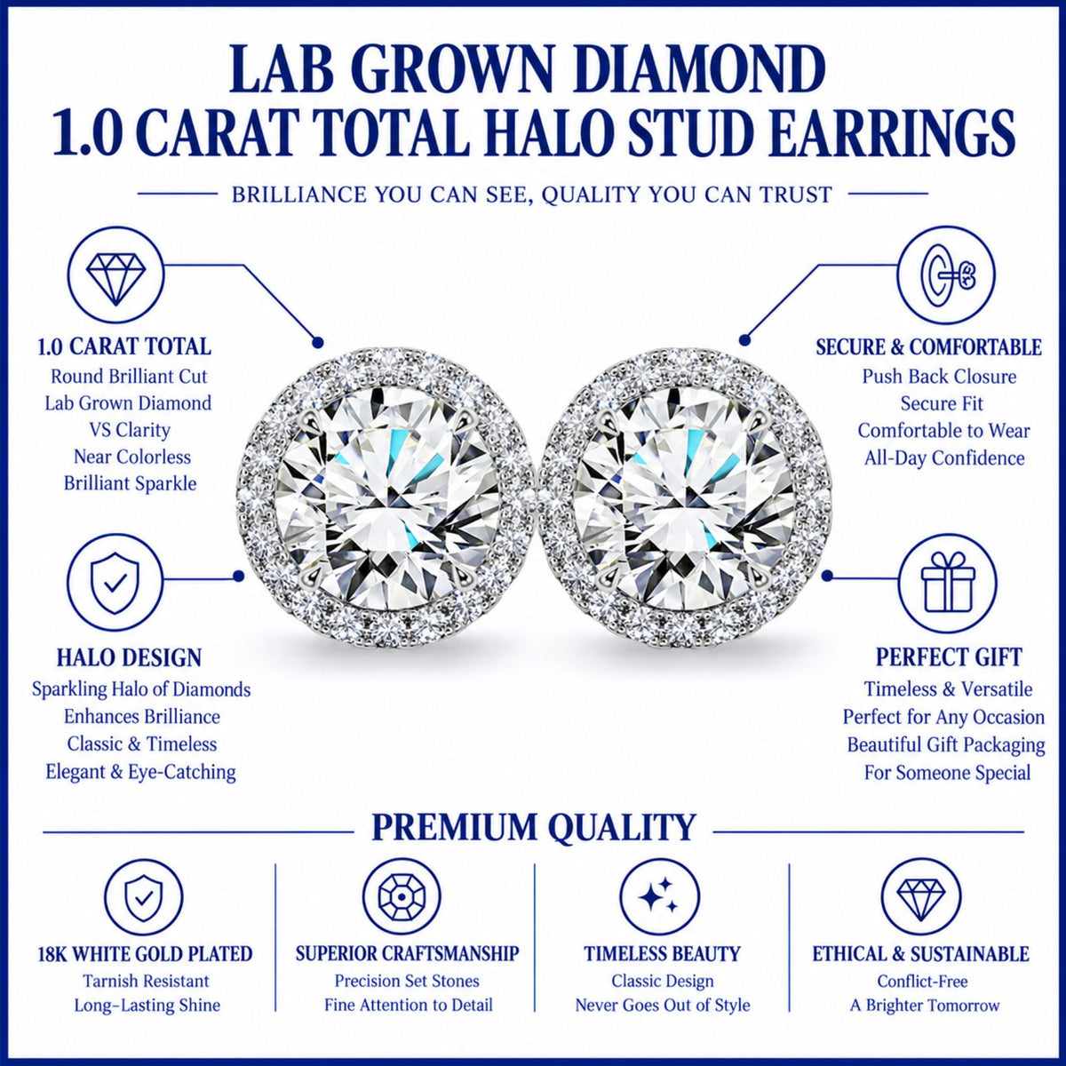 JeenMata Lab Grown Diamond 1 Carat Round Brilliant Cut Halo Stud Earrings in 18K White Gold Plating for Women