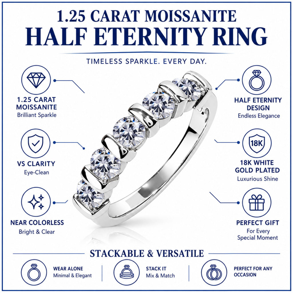 JeenMata 1.25 Carat Moissanite Half Eternity Anniversary Ring - Stackable Wedding Band Rings for Women in 18K White Gold Plating, Wedding Gift for Her