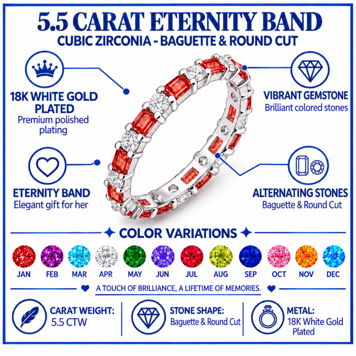 JeenMata Eternity Wedding Band Rings for Women, 5.5 Carat Alternating Baguette & Round Cut CZ, January Birthstone Birth Month Anniversary Ring for Woman, Christmas Gifts for Her