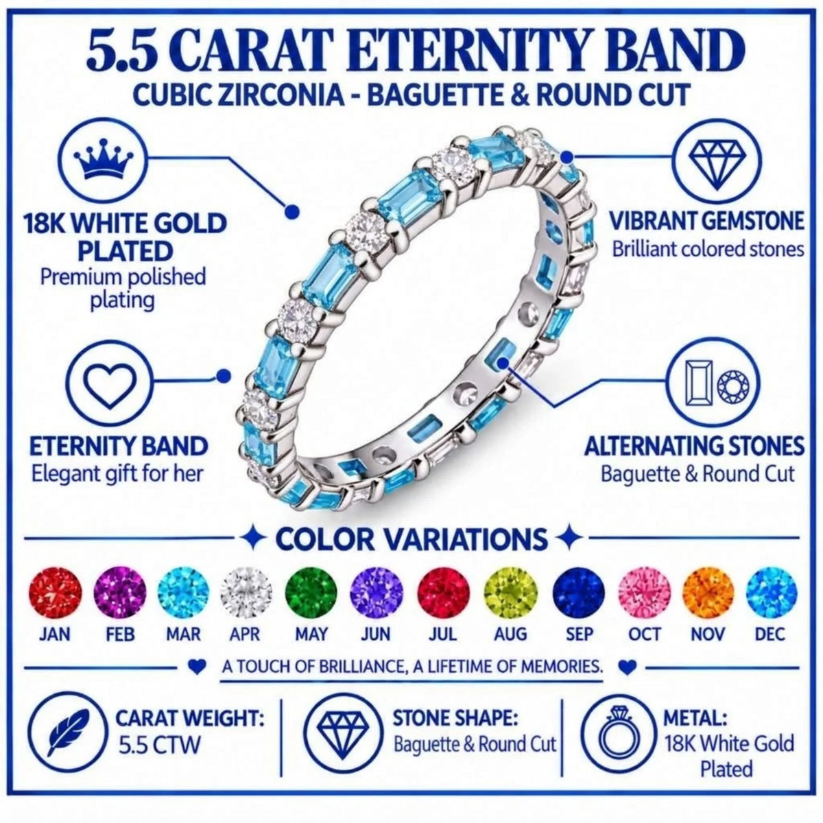 JeenMata Eternity Wedding Band Rings for Women, 5.5 Carat Alternating Baguette & Round Cut CZ, December Birthstone Birth Month Anniversary Ring for Woman, Christmas Gifts for Her