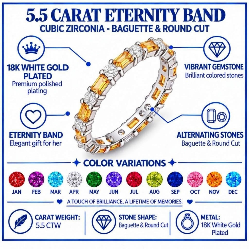 JeenMata Eternity Wedding Band Rings for Women, 5.5 Carat Alternating Baguette & Round Cut CZ, November Birthstone Birth Month Anniversary Ring for Woman, Christmas Gifts for Her