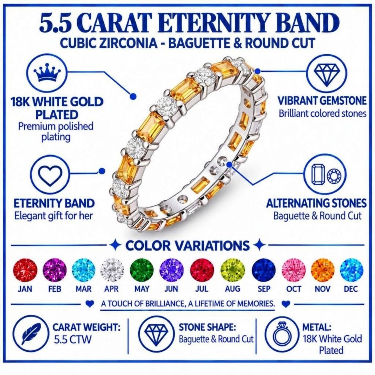 JeenMata Eternity Wedding Band Rings for Women, 5.5 Carat Alternating Baguette & Round Cut CZ, November Birthstone Birth Month Anniversary Ring for Woman, Christmas Gifts for Her