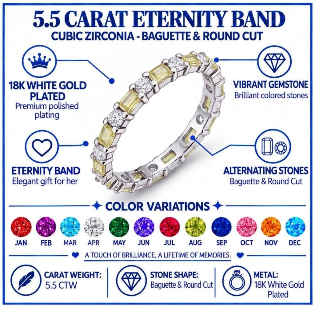 JeenMata Eternity Wedding Band Rings for Women, 5.5 Carat Alternating Baguette & Round Cut CZ, August Birthstone Birth Month Anniversary Ring for Woman, Christmas Gifts for Her