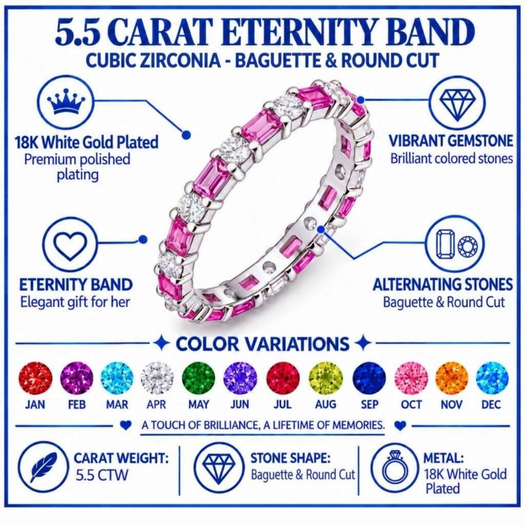 JeenMata Eternity Wedding Band Rings for Women, 5.5 Carat Alternating Baguette & Round Cut CZ, July Birthstone Birth Month Anniversary Ring for Woman, Christmas Gifts for Her