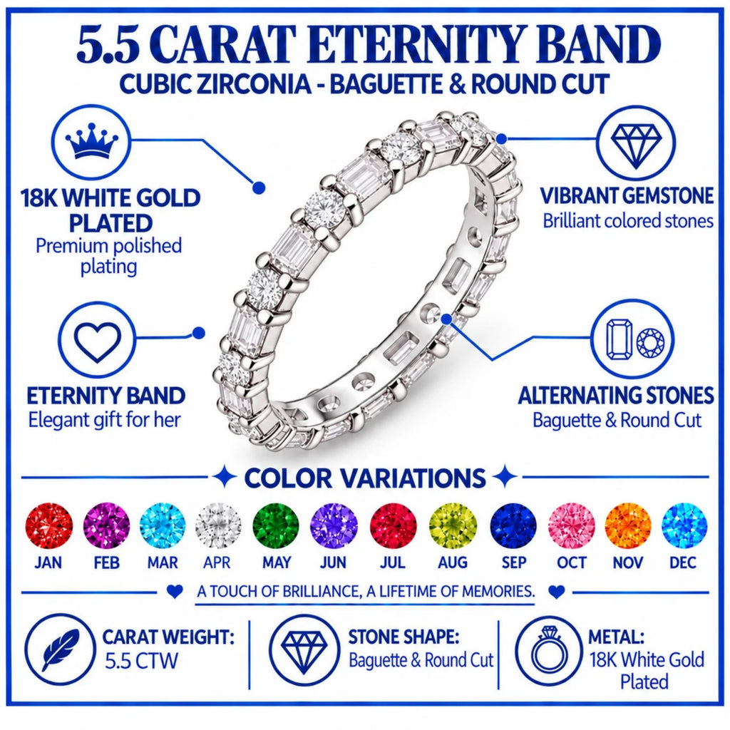 JeenMata Eternity Wedding Band Rings for Women, 5.5 Carat Alternating Baguette & Round Cut CZ, April Birthstone Birth Month Anniversary Ring for Woman, Christmas Gifts for Her