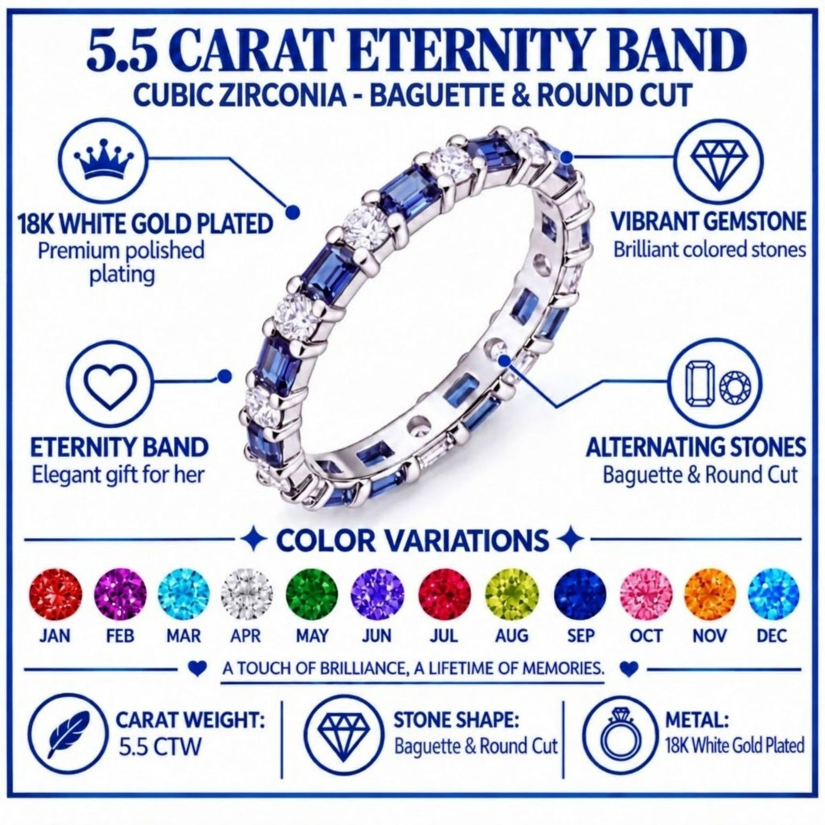 JeenMata Eternity Wedding Band Rings for Women, 5.5 Carat Alternating Baguette & Round Cut CZ, June Birthstone Birth Month Anniversary Ring for Woman, Christmas Gifts for Her