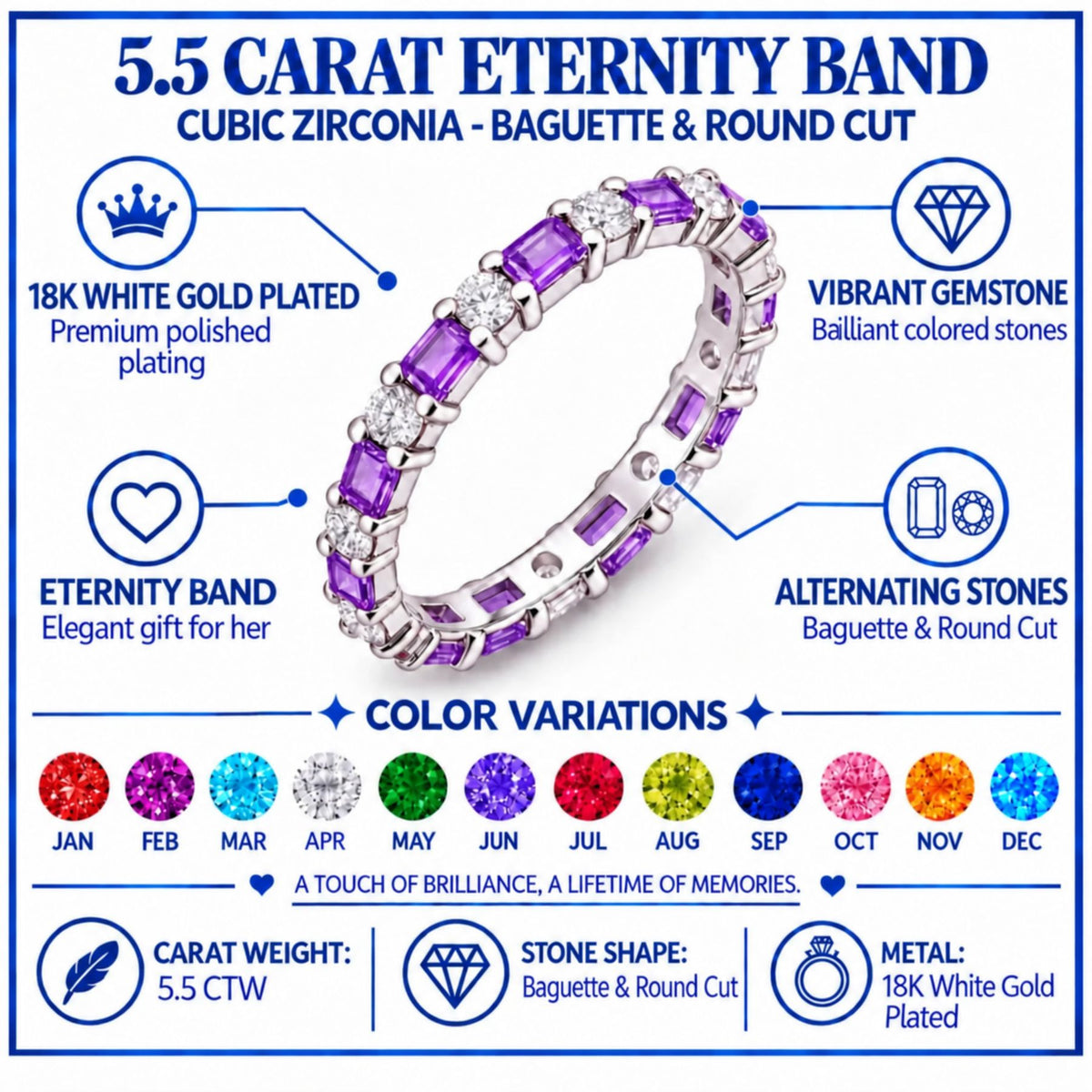 JeenMata Eternity Wedding Band Rings for Women, 5.5 Carat Alternating Baguette & Round Cut CZ, February Birthstone Birth Month Anniversary Ring for Woman, Christmas Gifts for Her